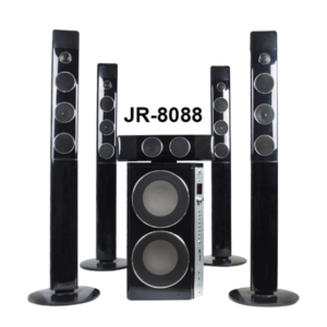 Powerful big bass home theater system for an immersive cinematic audio experience with deep, rich sound. Texman DJ box front panel with double subwoofers, rear mixer panel of DJ home system, dual 8-inch woofer setup for live music DJ Box Home Theatre System with Dual 8” Subwoofers & 300W Audio Mixer Power