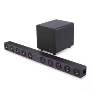 Texman D90S wooden sound blaster on TV cabinet, 2.1ch Bluetooth home speaker system, Texman D90S speaker remote control layout Big Bass Home Theater 2.1 Sound Blaster BT 5.0 Aux Input