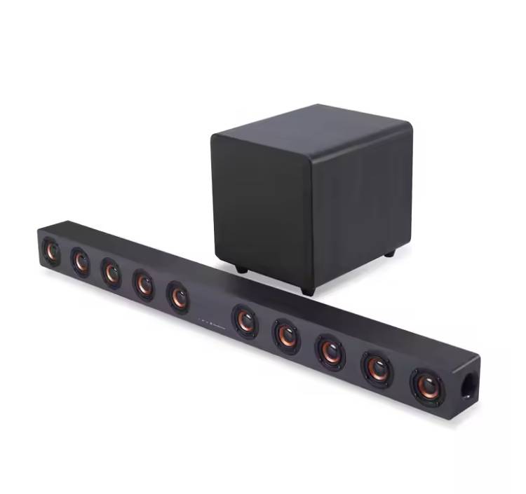 Texman D90S wooden sound blaster on TV cabinet, 2.1ch Bluetooth home speaker system, Texman D90S speaker remote control layout Big Bass Home Theater 2.1 Sound Blaster BT 5.0 Aux Input