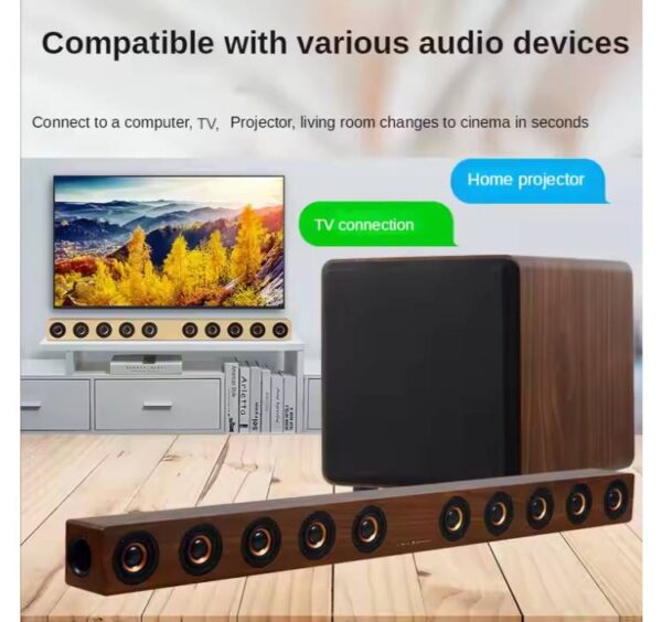 Texman D90S wooden sound blaster on TV cabinet, 2.1ch Bluetooth home speaker system, Texman D90S speaker remote control layout Big Bass Home Theater 2.1 Sound Blaster BT 5.0 Aux Input
