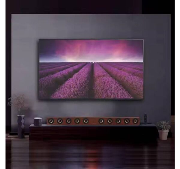 Texman D90S wooden sound blaster on TV cabinet, 2.1ch Bluetooth home speaker system, Texman D90S speaker remote control layout Big Bass Home Theater 2.1 Sound Blaster BT 5.0 Aux Input