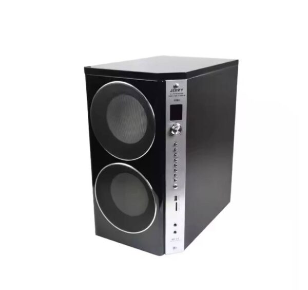 Texman DJ box front panel with double subwoofers, rear mixer panel of DJ home system, dual 8-inch woofer setup for live music DJ Box Home Theatre System with Dual 8” Subwoofers & 300W Audio Mixer Power