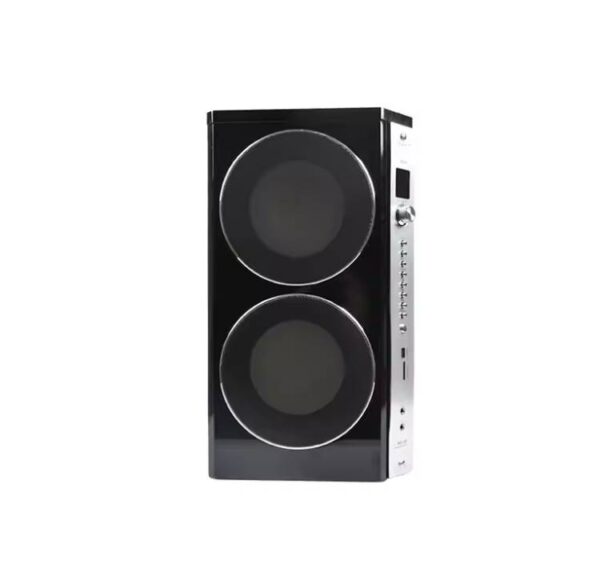 Texman DJ box front panel with double subwoofers, rear mixer panel of DJ home system, dual 8-inch woofer setup for live music DJ Box Home Theatre System with Dual 8” Subwoofers & 300W Audio Mixer Power