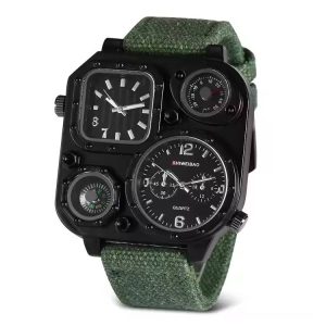 SHIWEIBAO dual time zone tactical watch, multifunctional military-style wristwatch with compass and thermometer, black leather strap adventure watch, rugged large dial men’s watch, analog watch with dual clocks and compass, stylish explorer watch with thermometer, bold square face tactical watch for men, SHIWEIBAO big dial outdoor watch, quartz movement dual-time wristwatch, men's fashion adventure timepiece