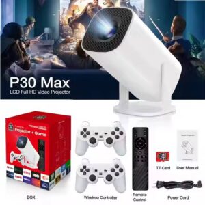 P30 max gaming projector with wireless controllers, 4K smart projector with 30000 games, built-in game console projector, android projector with apps