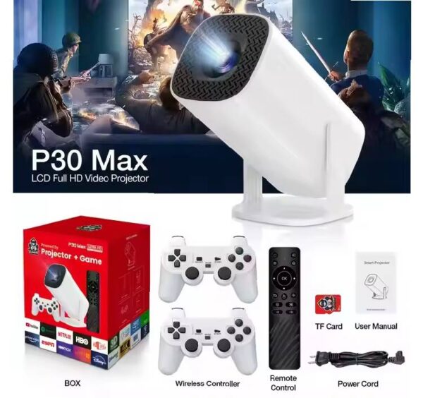 P30 max gaming projector with wireless controllers, 4K smart projector with 30000 games, built-in game console projector, android projector with apps