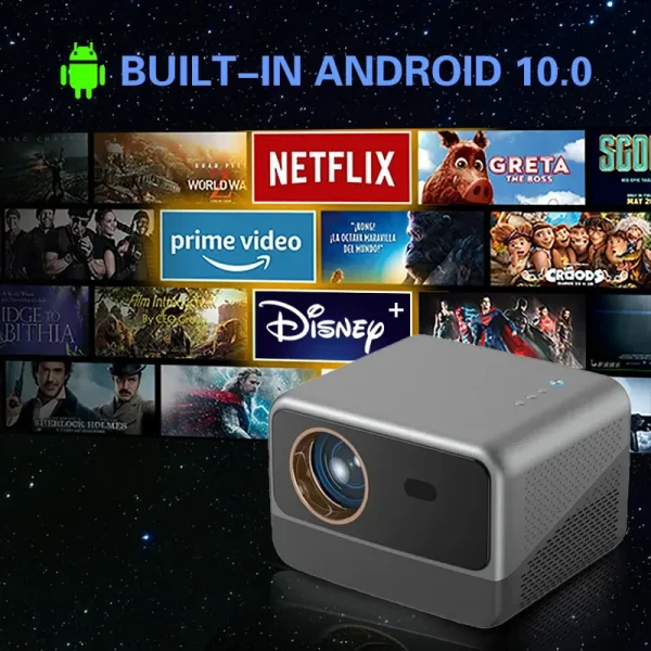 GY800 Home Theater Android Projector projecting ultra-bright visuals in game mode, GY800 Android projector connected wirelessly, 5-inch lens smart projector setup in home theater room