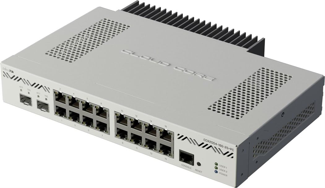 MikroTik enterprise router with multiple Ethernet ports and wireless antennas for high-speed networking