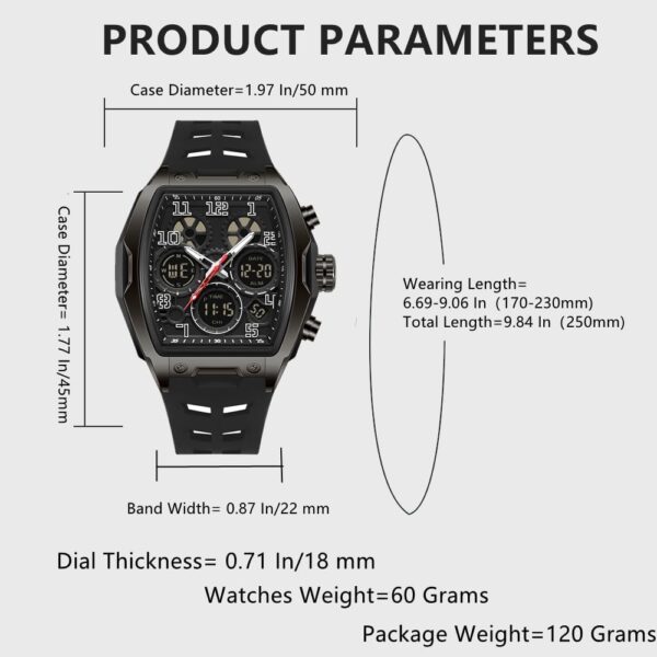 Mens Watches for Men Unique Rectangle Watches Military Digital Analog Sports Outdoor Watch White Wristwatch with Alarm,Stopwatch,Countdown,Hourly Chime,Luminous and Waterproof Multi-Function Watch - Image 2