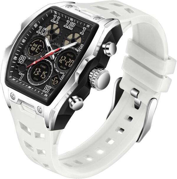 Mens Watches for Men Unique Rectangle Watches Military Digital Analog Sports Outdoor Watch White Wristwatch with Alarm,Stopwatch,Countdown,Hourly Chime,Luminous and Waterproof Multi-Function Watch - Image 9