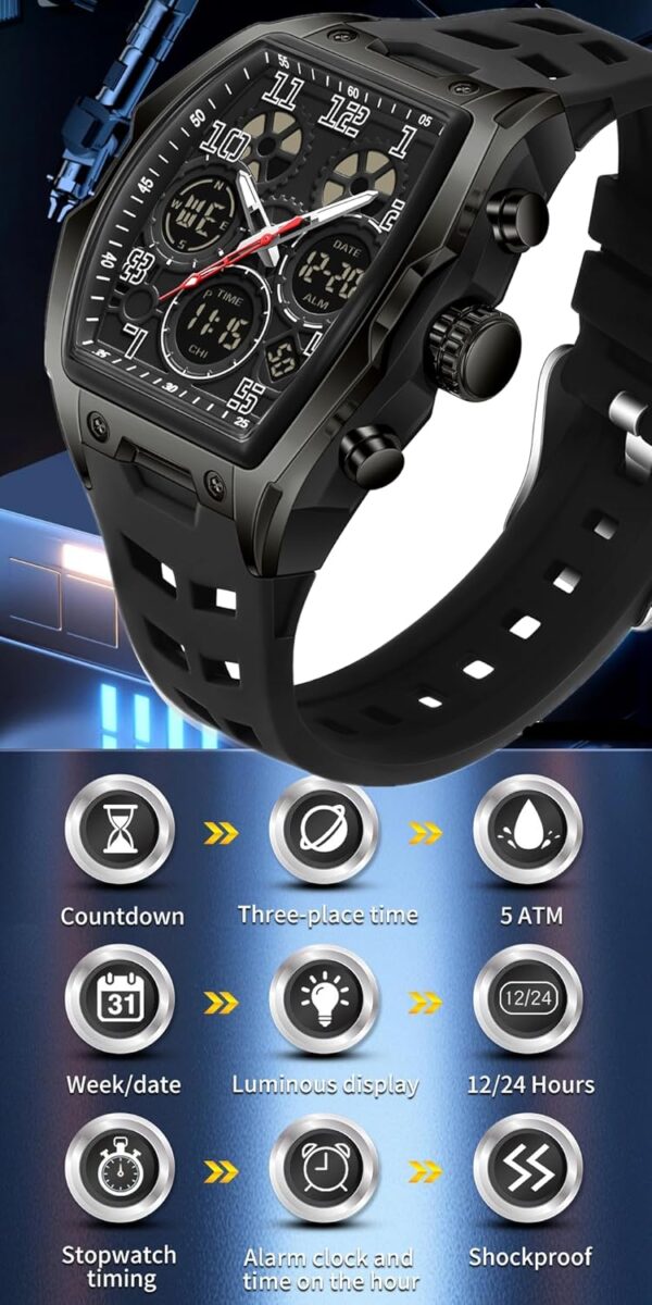 Mens Watches for Men Unique Rectangle Watches Military Digital Analog Sports Outdoor Watch White Wristwatch with Alarm,Stopwatch,Countdown,Hourly Chime,Luminous and Waterproof Multi-Function Watch - Image 3