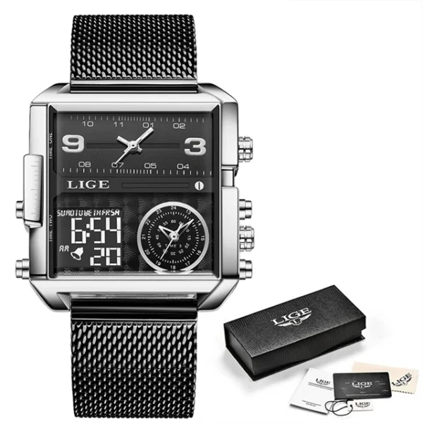 LIGE Fashion Black Steel Watch Men Digital Dual Display Watch Sports Chronograph Waterproof Quartz Wristwatch Men Military Watch - Image 18