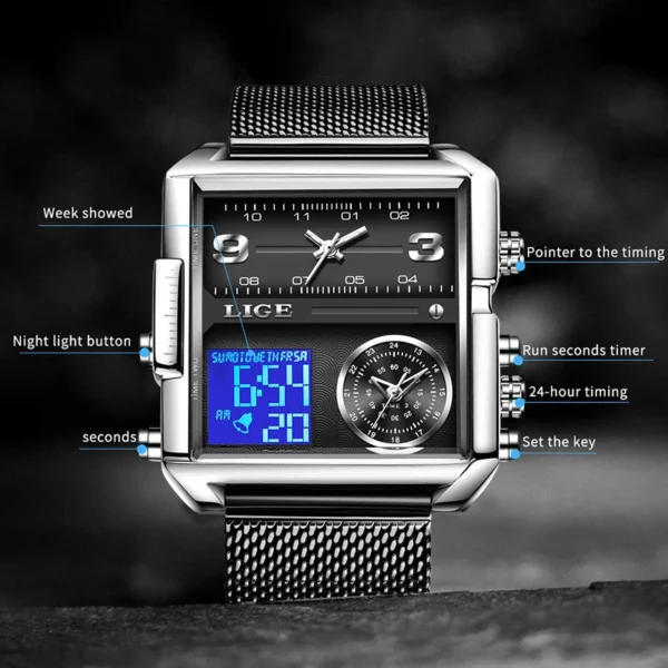 LIGE Fashion Black Steel Watch Men Digital Dual Display Watch Sports Chronograph Waterproof Quartz Wristwatch Men Military Watch - Image 3