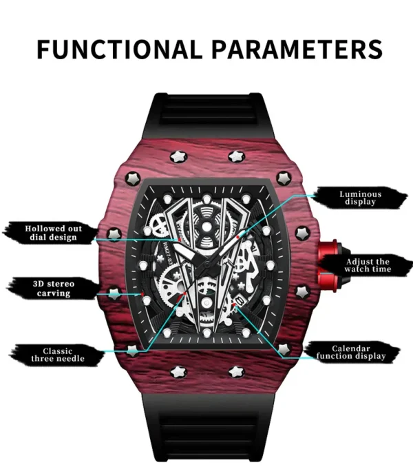 Texman Technology Curved Mirror Sports Wristwatch Domineering Barrel Men Watch with stainless steel case, luminous hands, and curved glass design