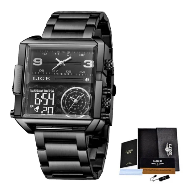 LIGE Fashion Black Steel Watch Men Digital Dual Display Watch Sports Chronograph Waterproof Quartz Wristwatch Men Military Watch - Image 12