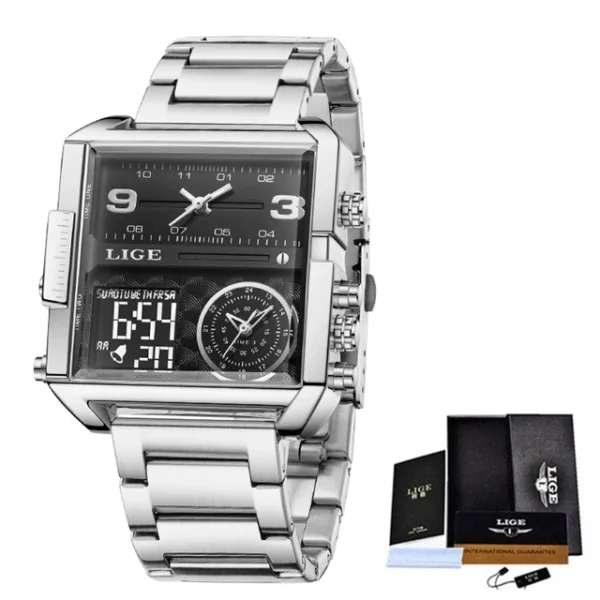 LIGE Fashion Black Steel Watch Men Digital Dual Display Watch Sports Chronograph Waterproof Quartz Wristwatch Men Military Watch - Image 8