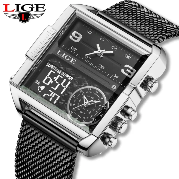 LIGE Fashion Black Steel Watch Men Digital Dual Display Watch Sports Chronograph Waterproof Quartz Wristwatch Men Military Watch - Image 5