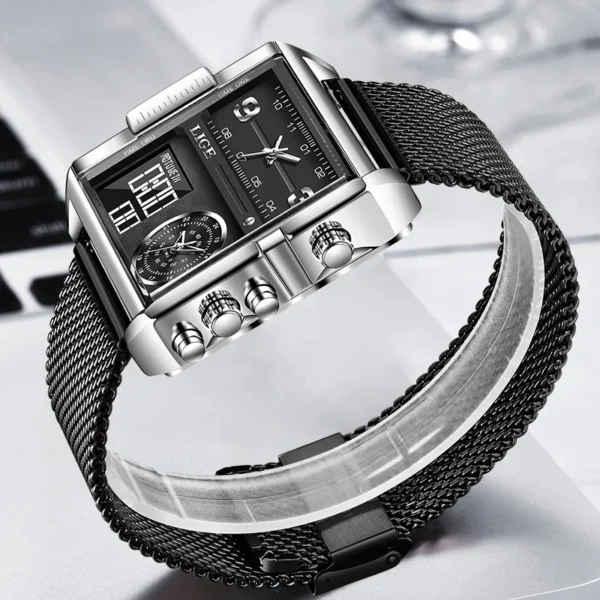 LIGE Fashion Black Steel Watch Men Digital Dual Display Watch Sports Chronograph Waterproof Quartz Wristwatch Men Military Watch - Image 2