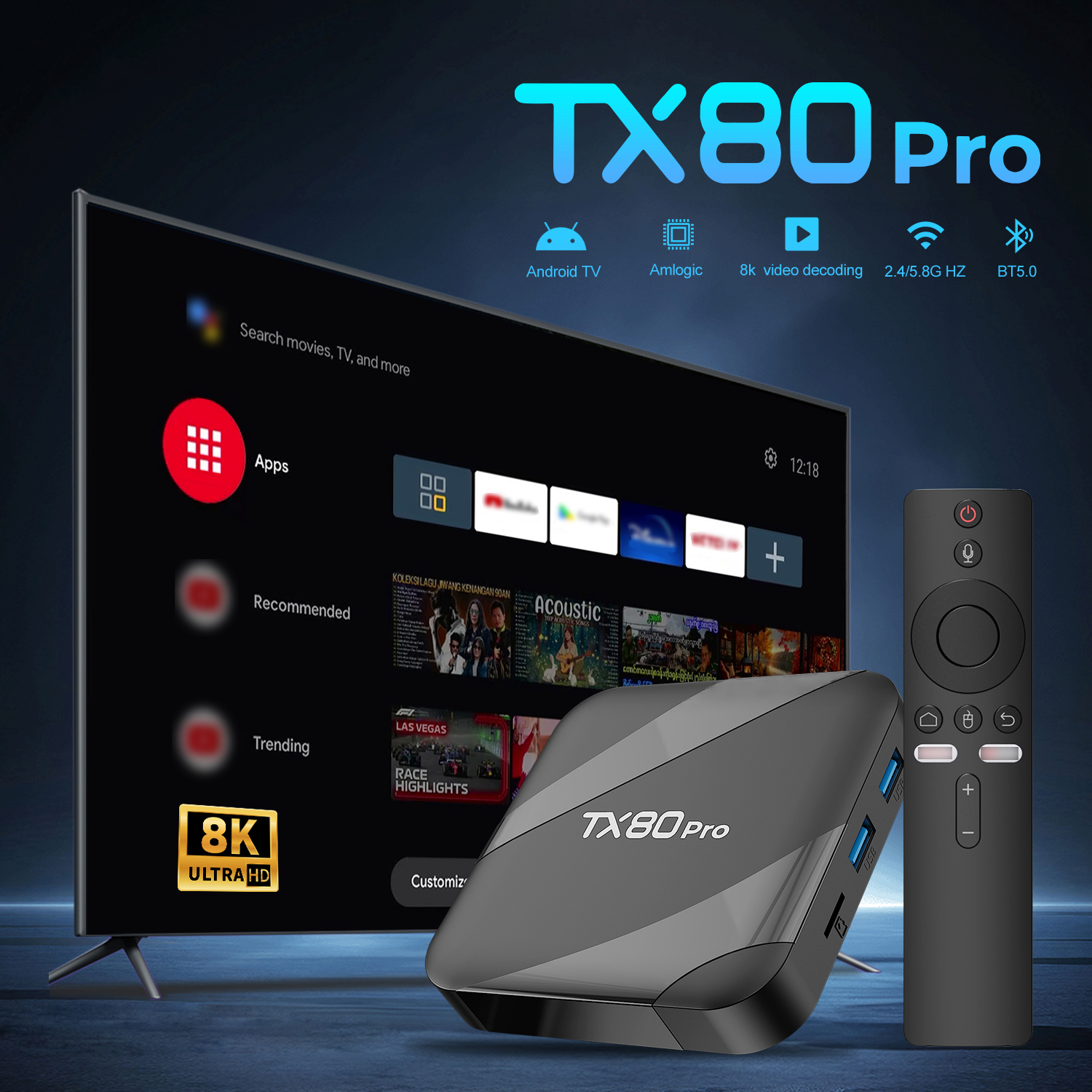 TX80 PRO Android Box with 16GB RAM, Allwinner H313 processor, 4K resolution, dual 2.4G/5G WiFi, and Bluetooth 5.0 for fast streaming, enhanced performance, and seamless connectivity."